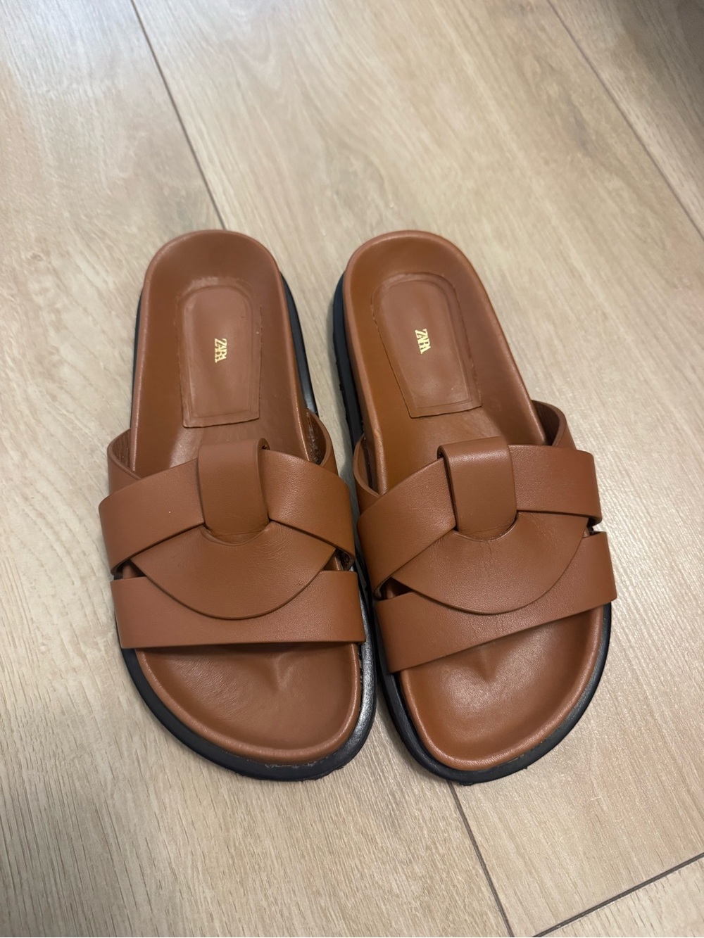 ZARA Tan Brown Woven Leather Slide Sandals